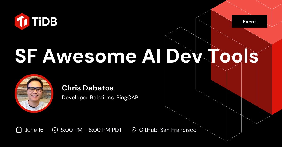 TiDB, powered by PingCAP (@pingcap) on Twitter photo 🤩 We’re thrilled to have <a href="/RealChrisSean/">Chris Dabatos</a> Chris Dabatos speaking at the next #OSS4AI meetup in San Francisco!
🎟️ Get more info & save your seat now: lu.ma/y2mjhnfw?tk=BE…
#AI #Python #SFTech #OpenSource 🤩 We’re thrilled to have <a href="/RealChrisSean/">Chris Dabatos</a> Chris Dabatos speaking at the next #OSS4AI meetup in San Francisco!
🎟️ Get more info & save your seat now: lu.ma/y2mjhnfw?tk=BE…
#AI #Python #SFTech #OpenSource
