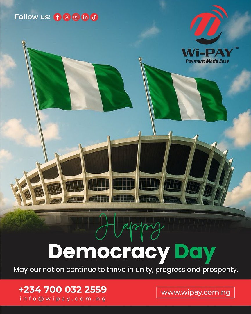 WiPAY_NG's tweet photo. Happy Democracy Day 🇳🇬 
#Trending #Nigeria #Wipay #MilkLove #explore #Democracy https://t.co/yqCaJSstr2