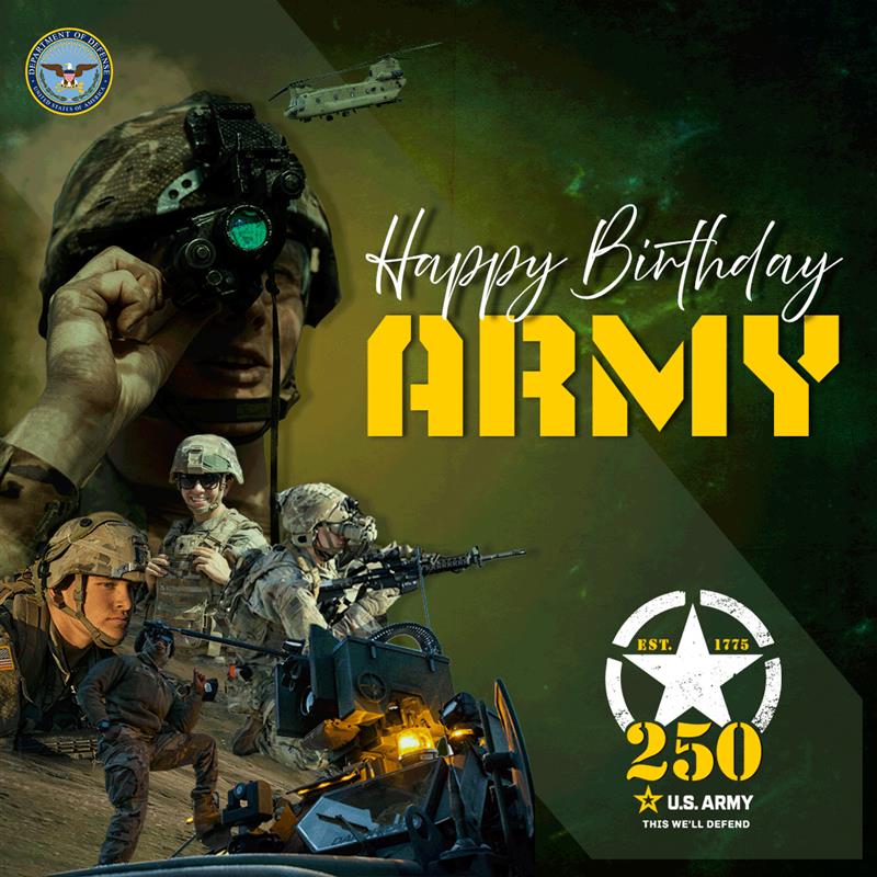 Happy 250th birthday to the <a href="/USArmy/">U.S. Army</a>! Today, we celebrate a remarkable legacy of courage, dedication and honor. From the fields of battle to humanitarian missions around the globe, our soldiers have shown unwavering commitment to service and to protecting our freedom.