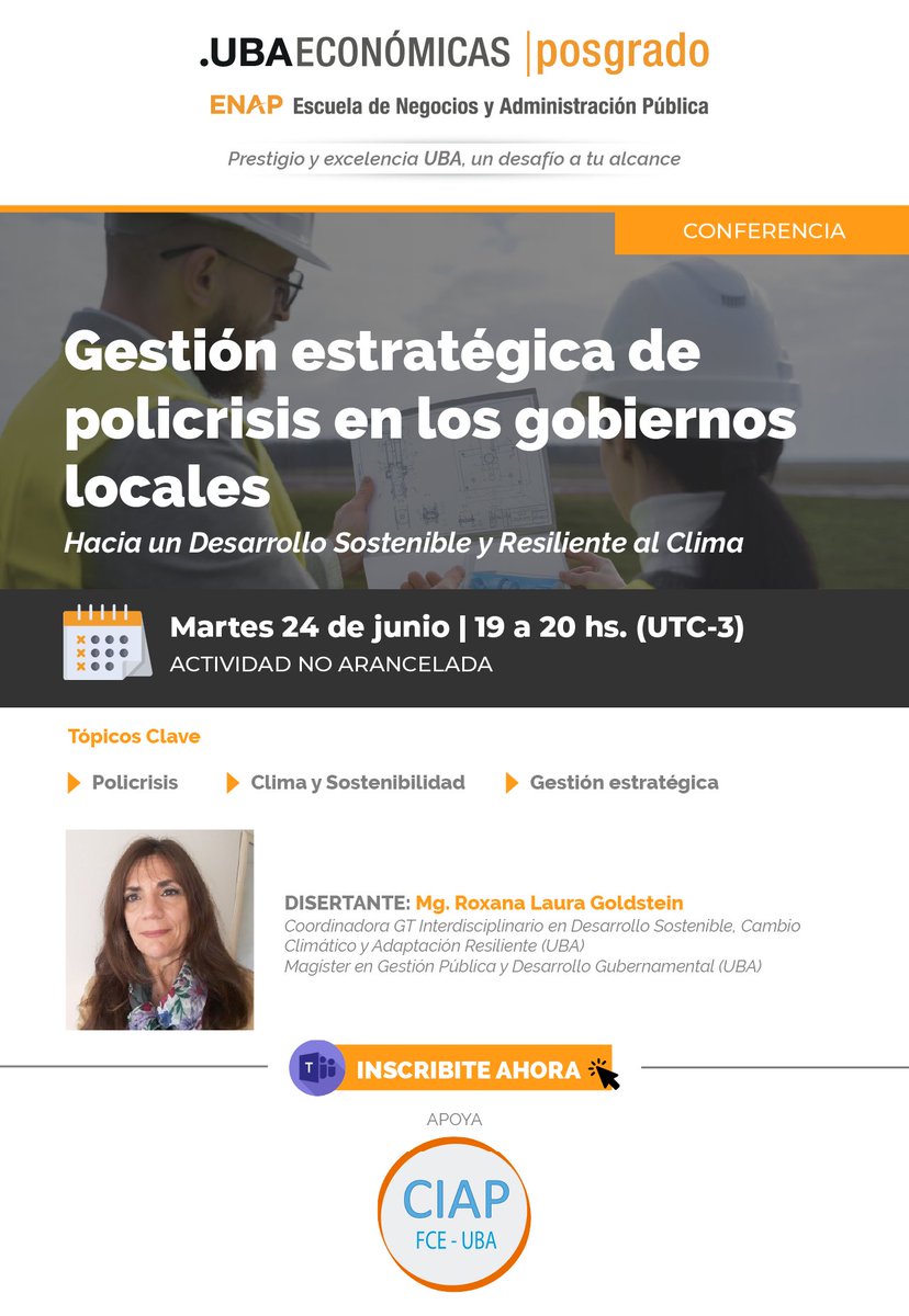 ciap_uba's tweet photo. 📢 Conferencia | “Gestión estratégica de policrisis en gobiernos locales”
Policrisis - Clima y Sostenibilidad - Gestión estratégica
🗣 Mg. Roxana Goldstein (UBA) 
📅 Mar 24/6 ⏰ 19–20 h (GMT-3)
💻 Online
📝 Inscripción: https://t.co/zz4VVHH3ww
 👇 https://t.co/K0bwpmXePr