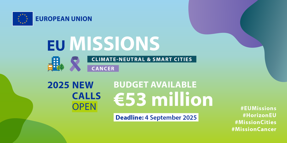 cinea_eu's tweet photo. Call reminder: funding available for R&amp;I research
🏡Climate‑Neutral &amp; Smart Cities Mission - €41 M
👩‍⚕️Joint Cities–Cancer Mission initiative - €12 M
📅DDL 4/9/25
More on topics &amp; how to apply 👇
https://t.co/LKG8xgCHlU
#EU #HorizonEU #Transport #MissionCities #MissionCancer https://t.co/eDzNKO8JJH