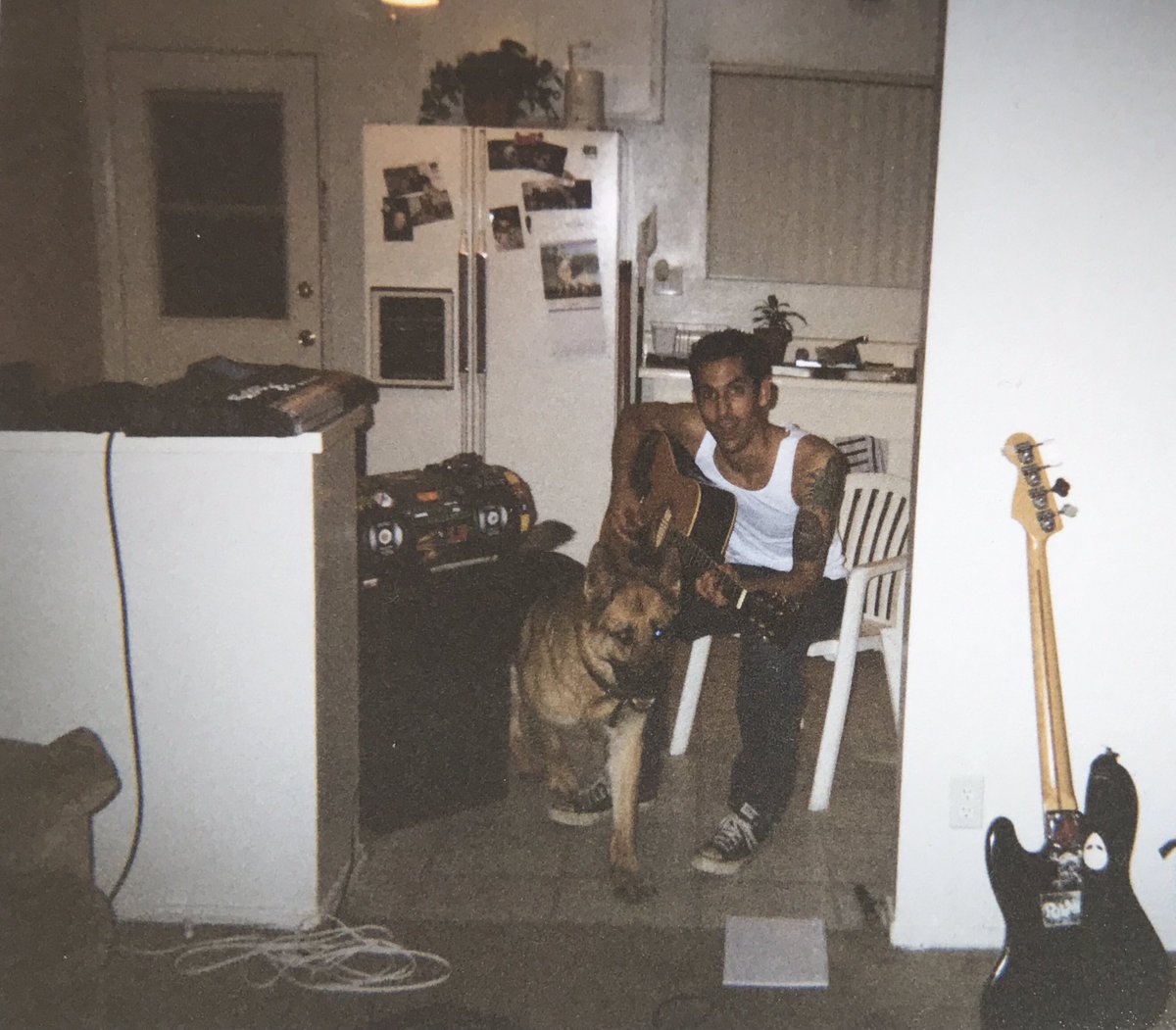Bean &amp; Marley making demos for Rebel Soul Sound System.
must be pre 2005 cuz all we were working with was Sherms Vstudio 1880 workstation shown precariously perched on the counter, monitored thru my Kaboom Box, which was a ghetto blaster with a guitar input jack.
Huntington Beach