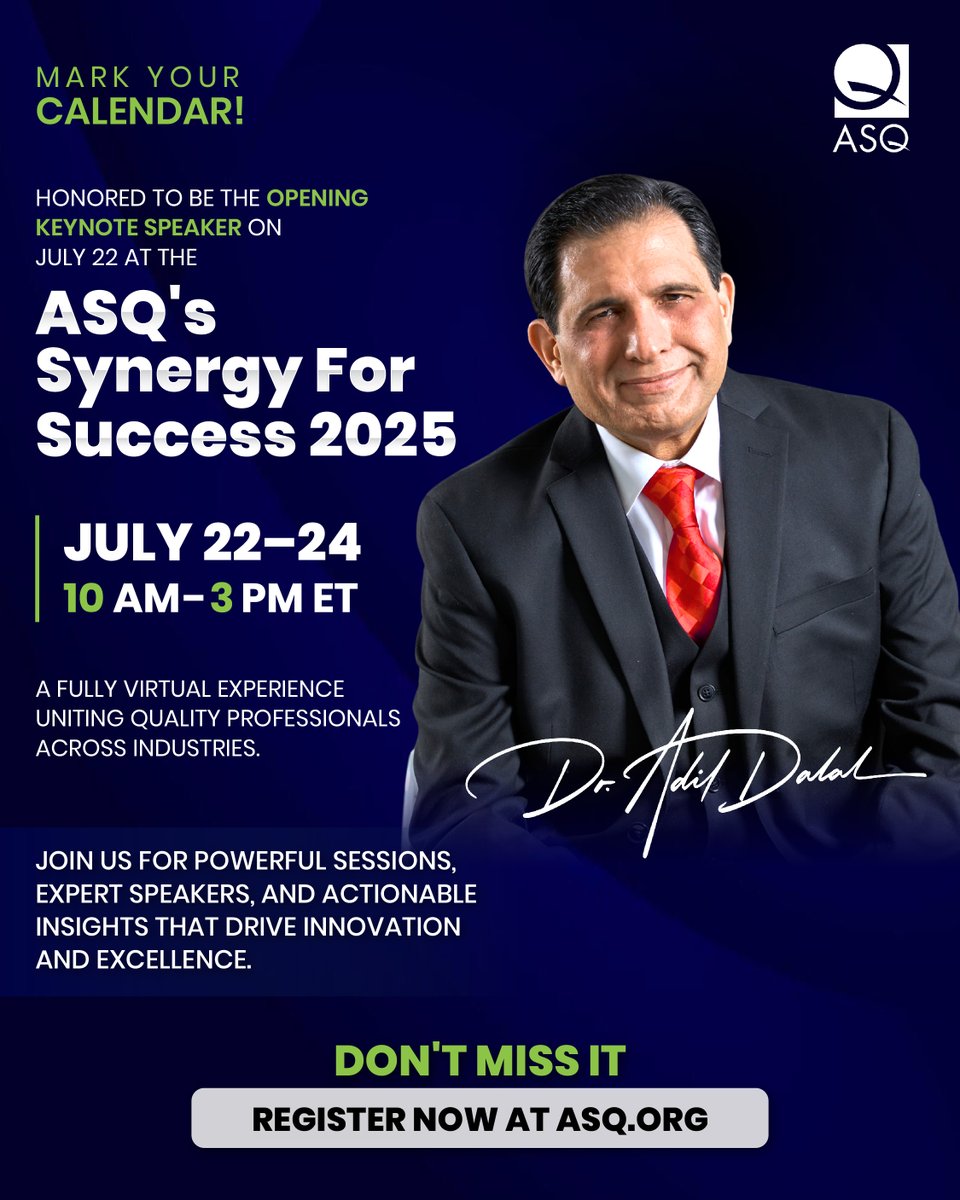 I am excited to be the Opening Keynote Speaker on July 22 at ASQ's Synergy for Success 2025

Join us for three impactful days of expert insights

🗓️ July 22–24 | 🕙 10 AM – 3 PM ET

💻 Register now: asq.org/conferences/jo…