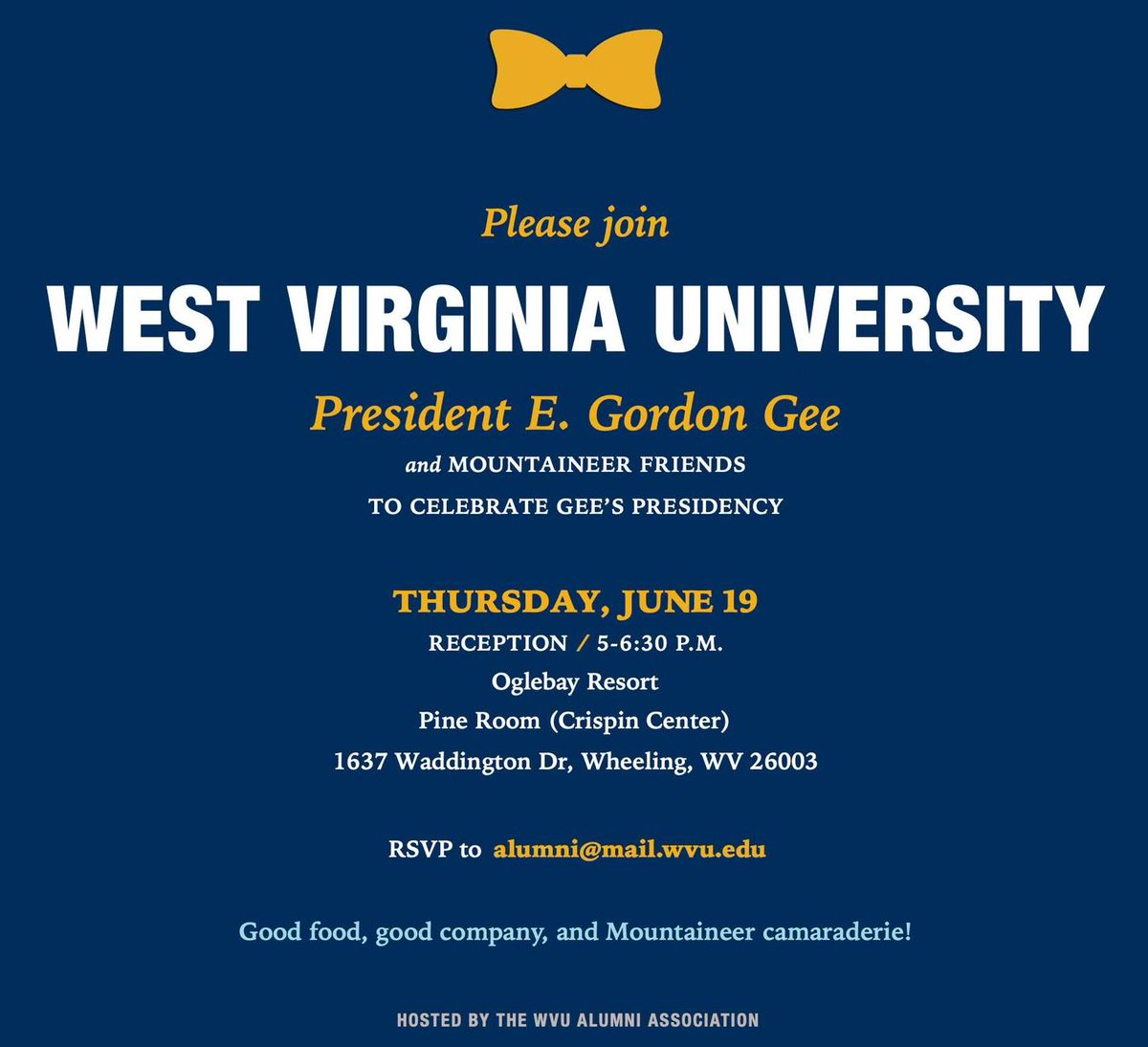WVUAlumniAssoc's tweet image. Join fellow Mountaineers at Oglebay Resort in Wheeling next Thursday, June 19 for a special reception celebrating President E. Gordon Gee! 💛💙
Secure your spot by emailing alumni@mail.wvu.edu.