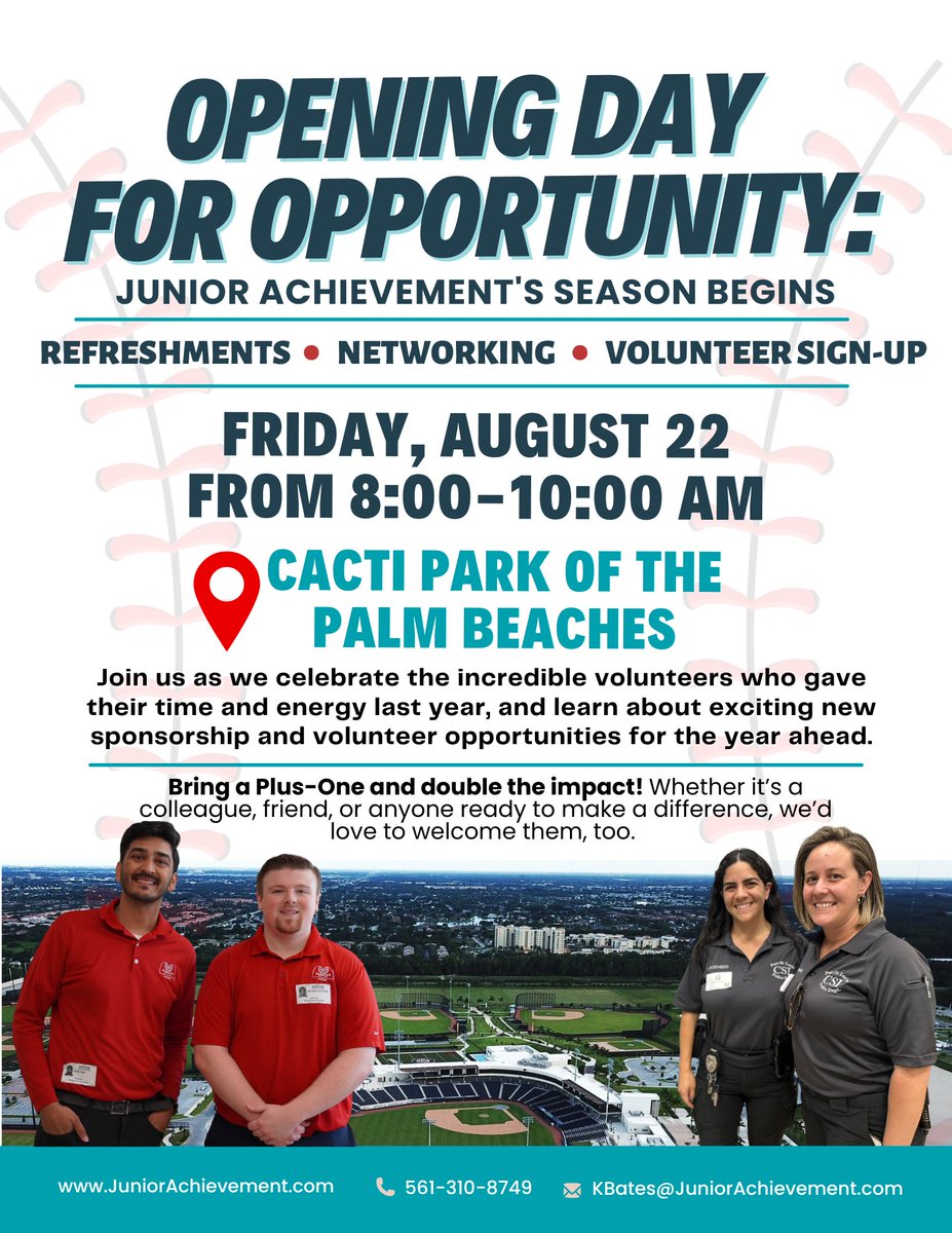 Junior Achievement - Palm Beaches & Treasure Coast (@jaofpbtc) on Twitter photo Opening Day for Opportunity is almost here! Join us as we kick off a brand new season of impact with Junior Achievement!
📅 Friday, August 22
🕗 8:00–10:00 AM
📍 CACTI Park of the Palm Beaches
✅ RSVP today: Email KBates@JuniorAchievement.com
#VolunteerAppreciation Opening Day for Opportunity is almost here! Join us as we kick off a brand new season of impact with Junior Achievement!
📅 Friday, August 22
🕗 8:00–10:00 AM
📍 CACTI Park of the Palm Beaches
✅ RSVP today: Email KBates@JuniorAchievement.com
#VolunteerAppreciation