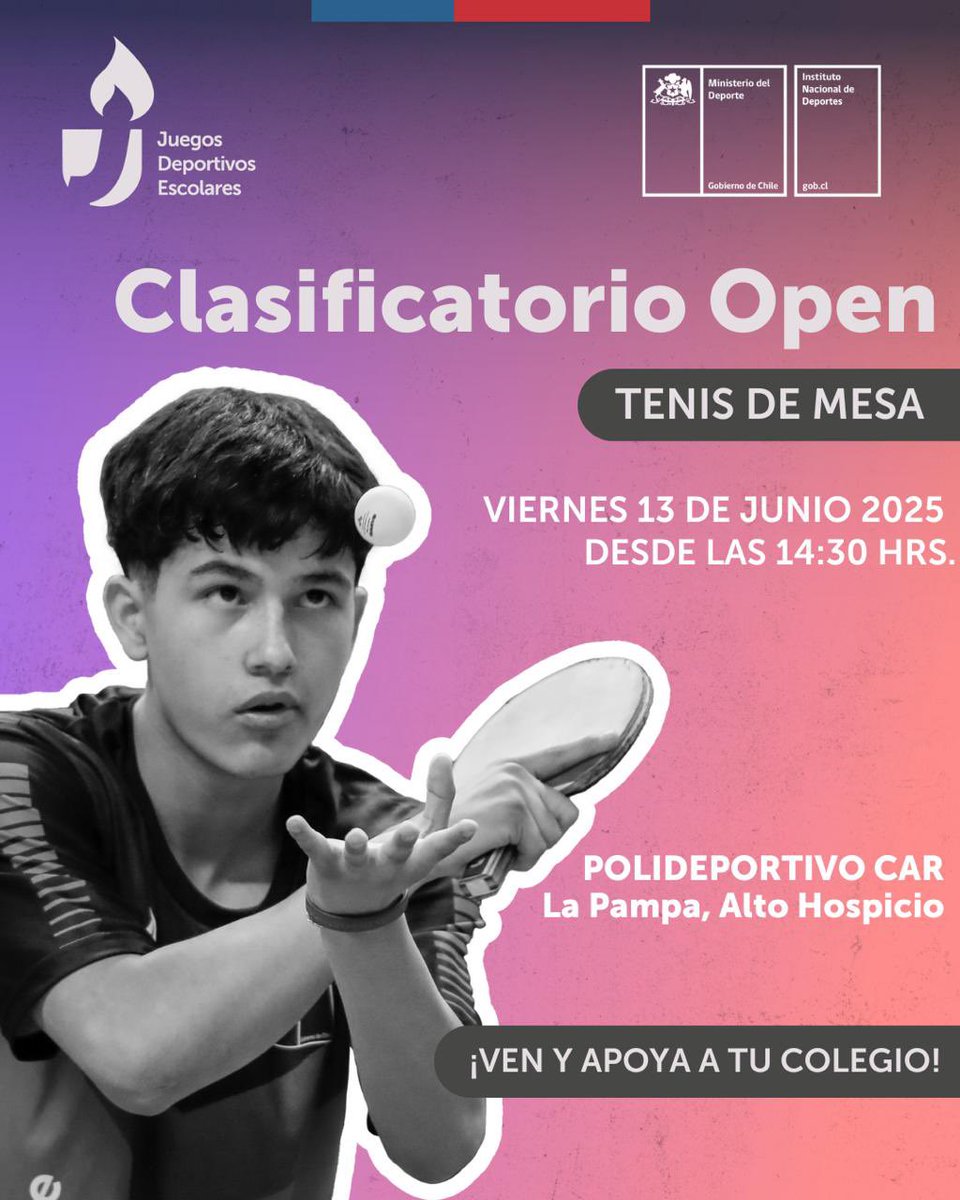 ¡A jugar!

Este viernes se desarrollará el clasificatorio de tenis de mesa de los Juegos Deportivos Escolares #JDE2025, donde escolares de #Tarapacá lucharán por clasificar a la final regional.

Ven al Polideportivo CAR de #AltoHospicio y apoya a tu colegio

<a href="/MindepChile/">Ministerio del Deporte</a>