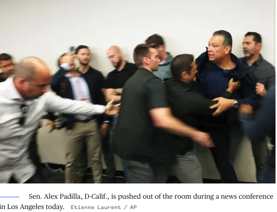 This is very strange. US Senator Padilla was forcibly dragged out of a room by plain-clothed and FBI men. Who did he punch? Grope? Pull a gun on? Nobody. He was asking a question to Homeland Security Sec. Noem. What was he interrupting? She was holding ... a press conference!