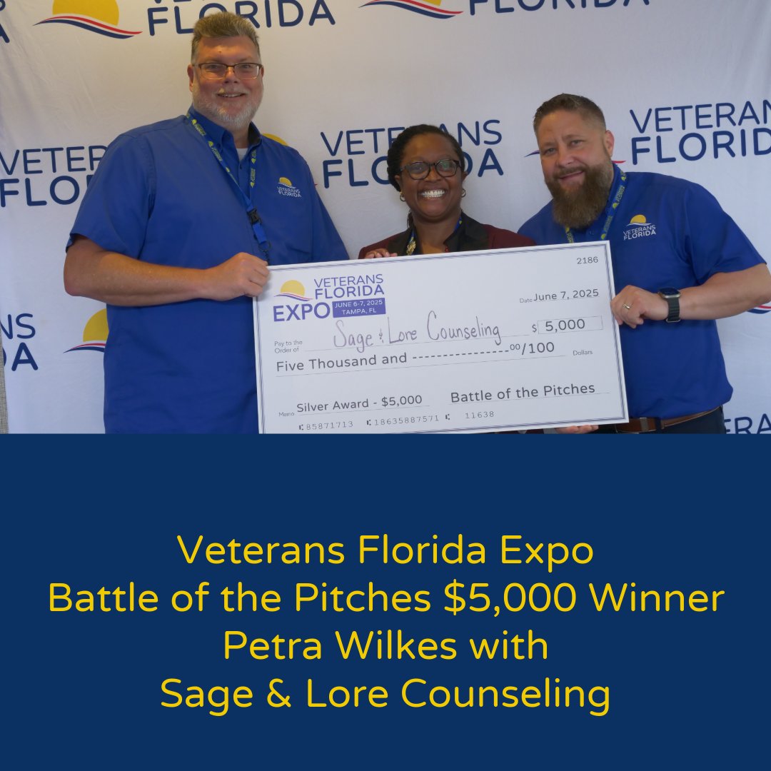 VetsFL's tweet image. Congratulations 2025 Battle of the Pitches Winners:
1st Place $10,000 Winner - Bruni Oquendo's Pitch for Casa Bruni
2nd Place $5,000 Winner - Petra Wilkes' Pitch for Sage & Lore Counseling
3rd Place $2,500 Winner - Michael Carroll's Pitch for Tech Driven Consulting