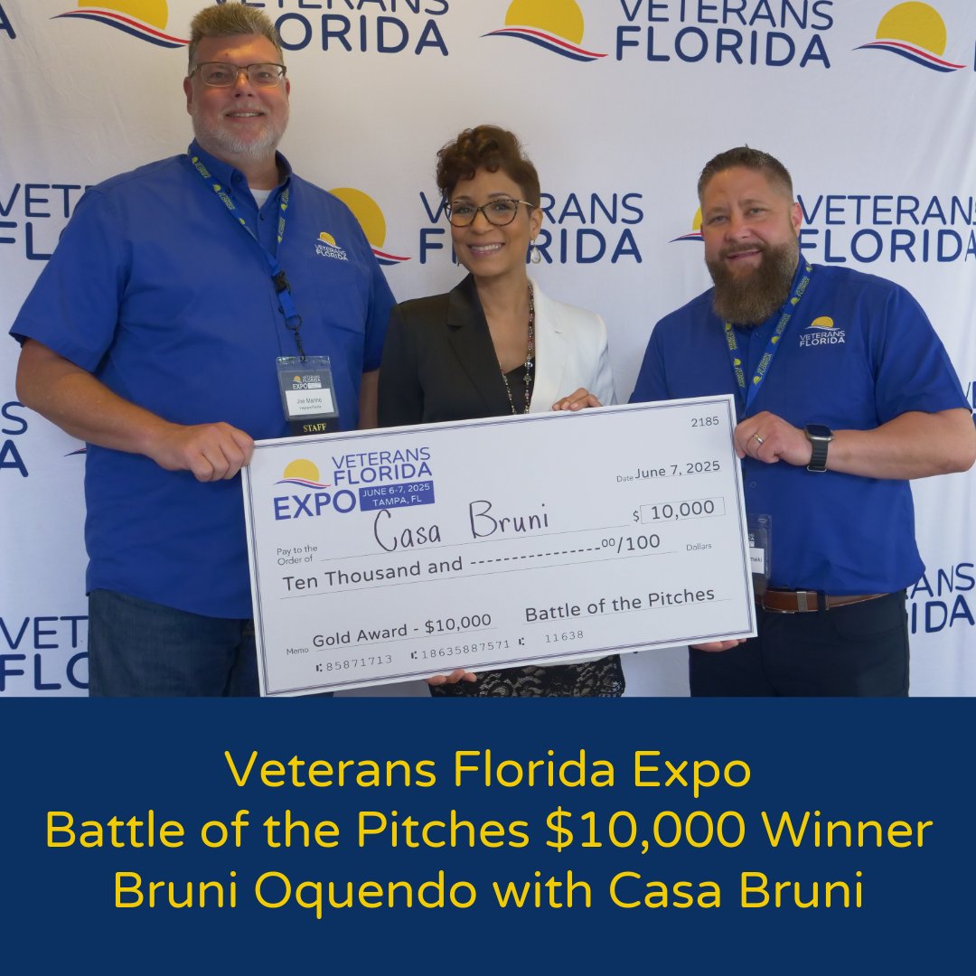 VetsFL's tweet image. Congratulations 2025 Battle of the Pitches Winners:
1st Place $10,000 Winner - Bruni Oquendo's Pitch for Casa Bruni
2nd Place $5,000 Winner - Petra Wilkes' Pitch for Sage & Lore Counseling
3rd Place $2,500 Winner - Michael Carroll's Pitch for Tech Driven Consulting