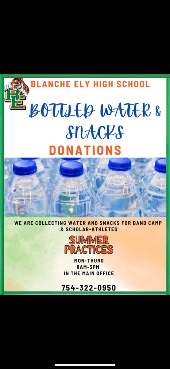 CoachT1920's tweet image. We are collecting water and snacks for our band camp & sports programs!