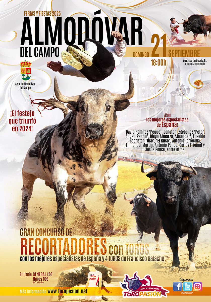 💥 ALMODÓVAR DEL CAMPO 💥

🪧 Carteles oficiales de la Feria de Septiembre

🗓️ 18 de septiembre ➡️ Rejones
🗓️ 20 de septiembre ➡️ Corrida de Toros
🗓️ 21 de septiembre ➡️ Recortes

🎟️ Entradas a la venta desde el 20 de julio

#TorosEnAlmodóvar25