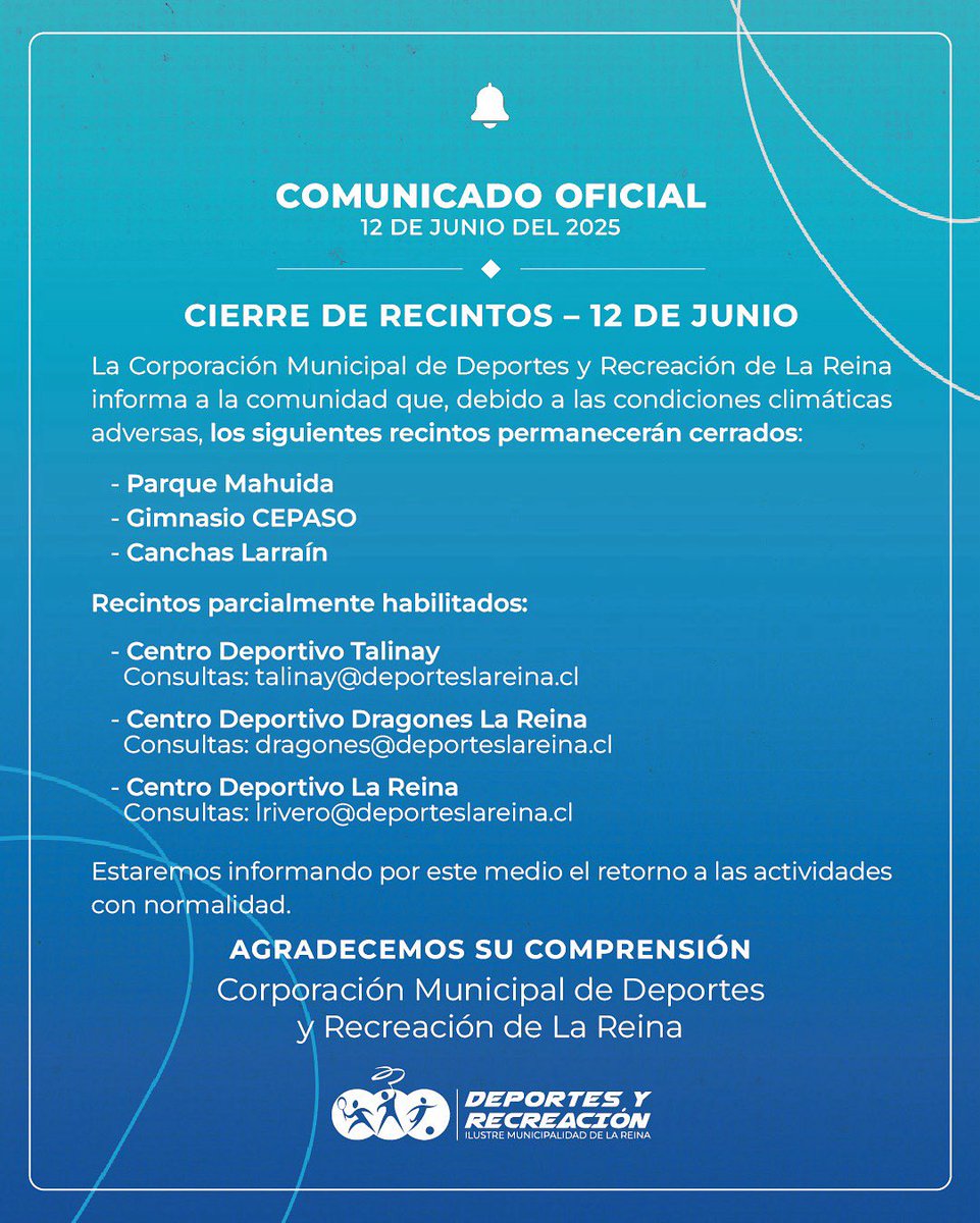 Debido al sistema frontal que afecta a la Región Metropolitana, algunos de nuestros recintos deportivos estarán cerrados y otros operarán parcialmente. Infórmate aquí y ante cualquier duda, contáctanos directamente. 
#SistemaFrontal