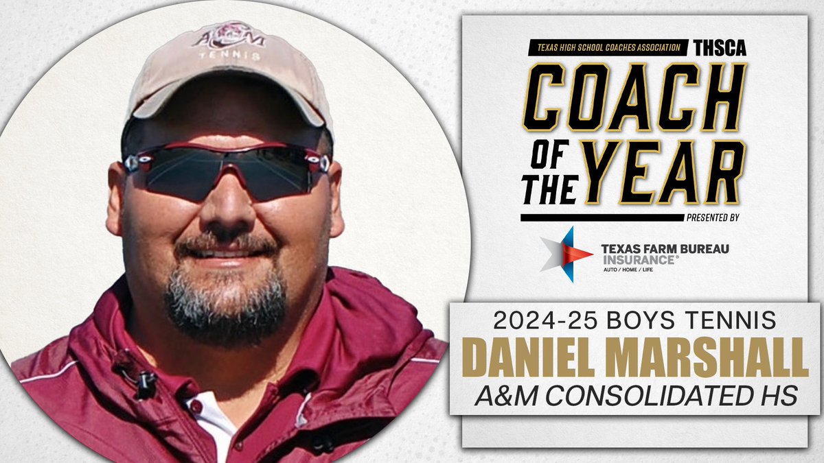 THSCA (@thscacoaches) on Twitter photo ⭐CONGRATULATIONS⭐ to the 2024-25 THSCA Boys Tennis Coach of the Year Award Winner presented by <a href="/TXFBinsurance/">Texas Farm Bureau Insurance</a>, Daniel Marshall from A&M Consolidated HS!
An outstanding coach who is looked up to by many. Let's give him a round of applause!🎾
🔗: thsca.com/coty ⭐CONGRATULATIONS⭐ to the 2024-25 THSCA Boys Tennis Coach of the Year Award Winner presented by <a href="/TXFBinsurance/">Texas Farm Bureau Insurance</a>, Daniel Marshall from A&M Consolidated HS!
An outstanding coach who is looked up to by many. Let's give him a round of applause!🎾
🔗: thsca.com/coty