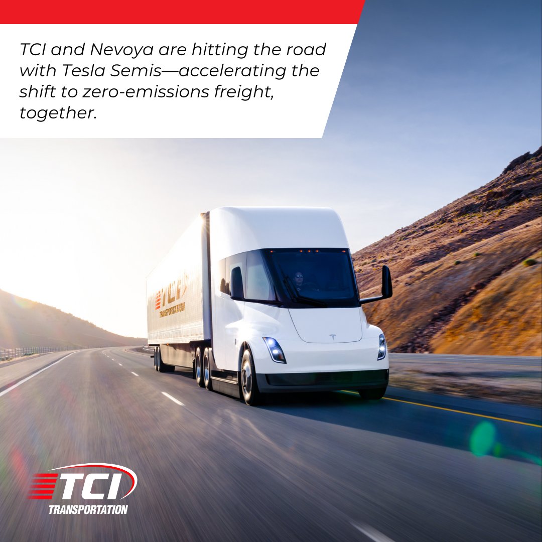 tci_leasing's tweet image. TCI is excited to announce a new partnership with Nevoya, a leading zero-emissions electric trucking carrier & technology-driven logistics platform. ⚡ TCI will lease five @Tesla Semis to support their fleet expansion & help meet growing demand for zero-emissions transportation.