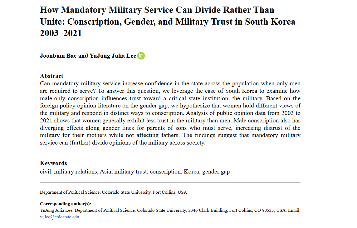 AFS_SAGE's tweet image. From our new issue: How Mandatory Military Service Can Divide Rather Than Unite: Conscription, Gender, and Military Trust in South Korea 2003–2021 - Joonbum Bae, YuJung Julia Lee, 2025 #NewIssue …urnals-sagepub-com.lib-e2.lib.ttu.edu/doi/full/10.11…