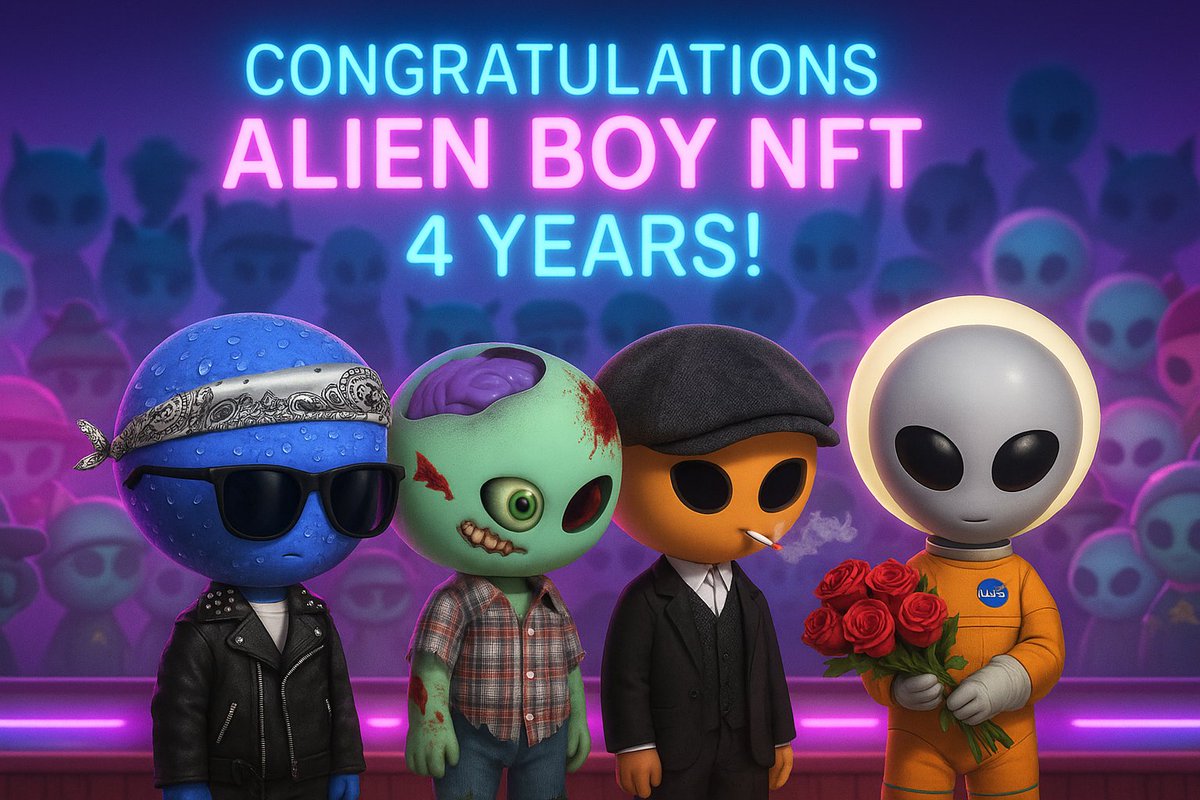 thealienboy's tweet image. Four years ago, brave Alien Boys beamed down into NFT-land and kicked off one focking wild invasion. One alien was a curiosity, two became an invasion – now we’re legion! Happy 4th orbit around the sun to The Alien Boy community – the finest abductees a project could ask for 😉💜…