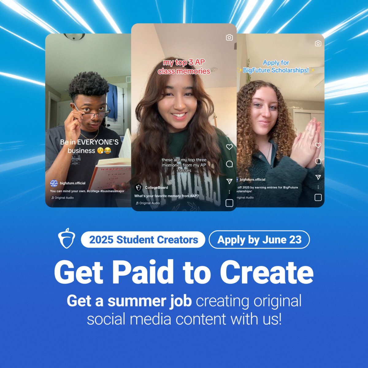 MyBigFuture's tweet image. Need a summer job? Apply by June 23 to join the Student Creator Program! Link in bio 🤩