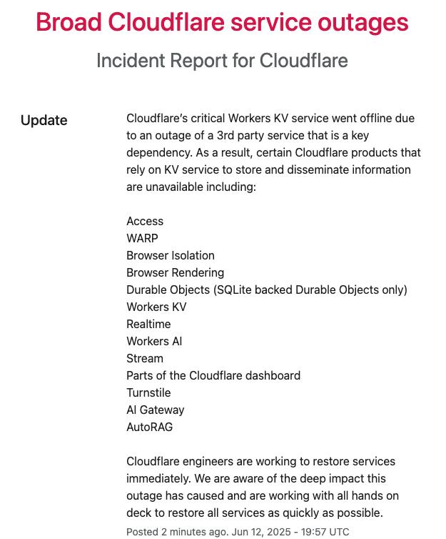 hackerpill's tweet photo. Tons of Cloudflare services rely on on Cloudflare Workers KV which really relies on GCP, so a GCP outage is a Cloudflare outage. https://t.co/9I9uWJymqK
