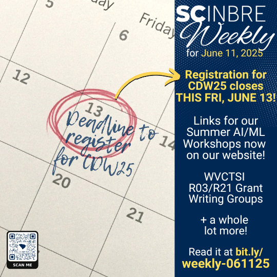 SC INBRE (@scinbre) on Twitter photo Registration for CDW25 closes *TOMORROW* June 13 • SC INBRE AI/ML Workshops links now posted • <a href="/WVCTSI/">WVCTSI</a> R03/R21 Grant Writing Groups + more! bit.ly/weekly-061125
<a href="/NIH/">NIH</a> <a href="/NAIPInetwork/">NAIPI</a> <a href="/epscoridea/">EIF</a> <a href="/coastalstem/">Gupta College of Science</a> <a href="/NEBiolabs/">New England Biolabs</a> <a href="/ideaproteomics/">IDeA National Resource for Quantitative Proteomics</a> <a href="/AACR/">AACR</a> <a href="/aaas/">AAAS</a> <a href="/dreyfusfndn/">The Camille and Henry Dreyfus Foundation</a> #IamSCINBRE Registration for CDW25 closes *TOMORROW* June 13 • SC INBRE AI/ML Workshops links now posted • <a href="/WVCTSI/">WVCTSI</a> R03/R21 Grant Writing Groups + more! bit.ly/weekly-061125
<a href="/NIH/">NIH</a> <a href="/NAIPInetwork/">NAIPI</a> <a href="/epscoridea/">EIF</a> <a href="/coastalstem/">Gupta College of Science</a> <a href="/NEBiolabs/">New England Biolabs</a> <a href="/ideaproteomics/">IDeA National Resource for Quantitative Proteomics</a> <a href="/AACR/">AACR</a> <a href="/aaas/">AAAS</a> <a href="/dreyfusfndn/">The Camille and Henry Dreyfus Foundation</a> #IamSCINBRE
