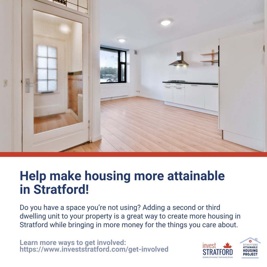 Have extra space at home? Consider creating a second or third dwelling unit to help increase housing in Stratford. 🏡  Whether it’s for rental income or multi-generational living, it’s a great way to make housing more attainable.

Get involved: bit.ly/49xxi15