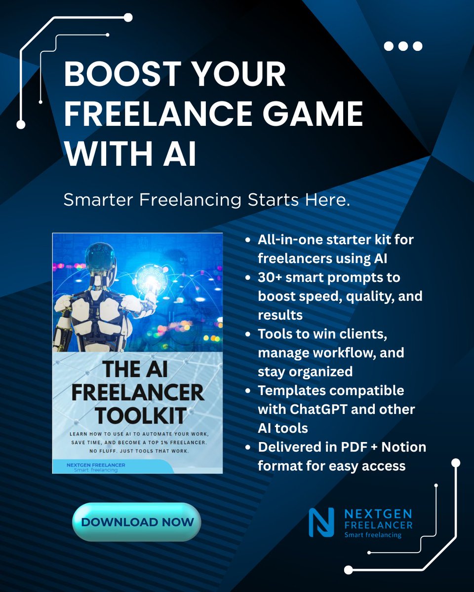 🚀 Just launched: The AI Freelancer Toolkit

💡 Use AI to win more clients, work faster, and scale smarter.

Includes prompts, proposals &amp; client templates.

Get it here 👉 umairjanjua.gumroad.com/l/ai-freelance…

#Freelancer #AItools #DigitalProducts #GumroadLaunch #NextGenFreelancer