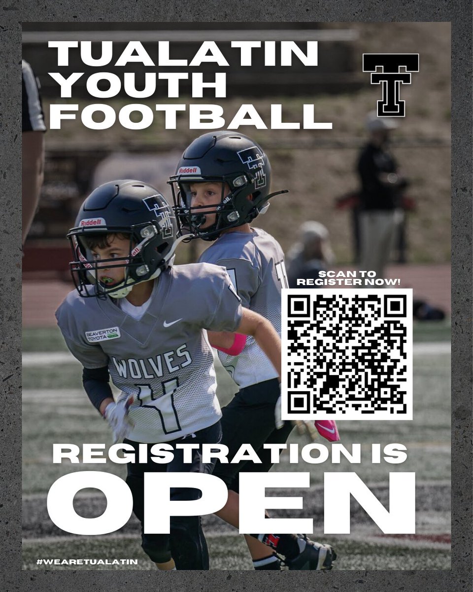 Sign up for Tualatin Youth Football now! The season is right around the corner 🏈🏈

Registration will close on July 25th.

Scan the QR code or visit our website tualatinyouthfootball.org to get started!!

#WeAreTualatin