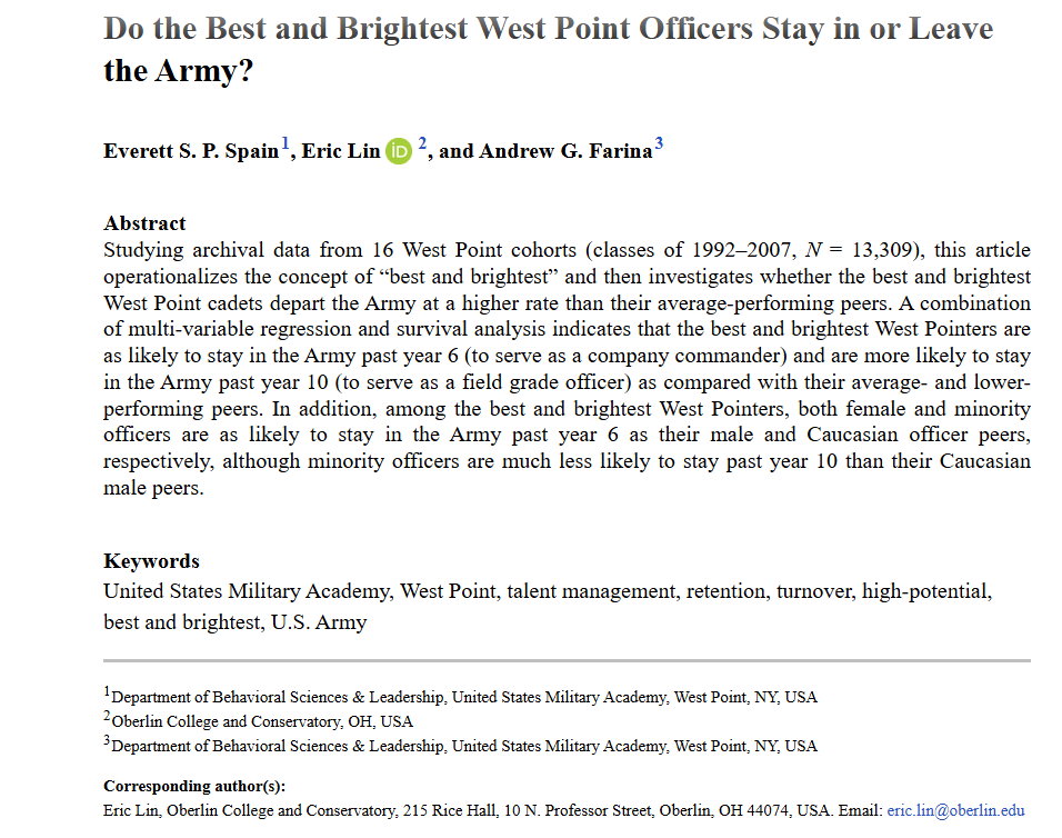 AFS_SAGE's tweet image. From our new issue: Do the Best and Brightest West Point Officers Stay in or Leave the Army? - Everett S. P. Spain (@everettspain1), Eric Lin, Andrew G. Farina (@AndrewFarina01), 2025 #NewIssue …urnals-sagepub-com.lib-e2.lib.ttu.edu/doi/full/10.11…
