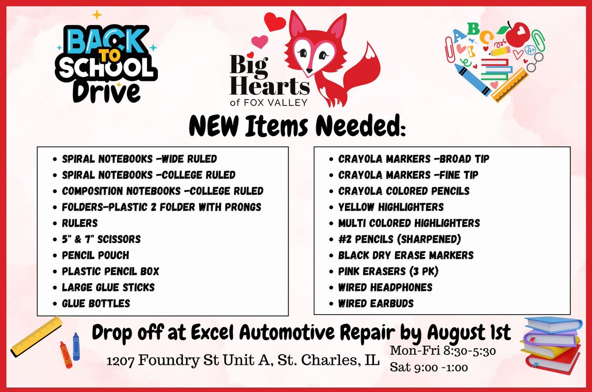 🎒 Help Us Fill 150 Backpacks for D303 Kids by August 1st! 🎒 We can’t do it without YOU!
✅ Drop Off Supplies at Excel Automotive Repair excelautostc.com
📦 Shop Our Amazon Wishlist
amazon.com/hz/wishlist/ls…
📍 Host a Collection Drive
forms.gle/z8JiWUepV6peH2…