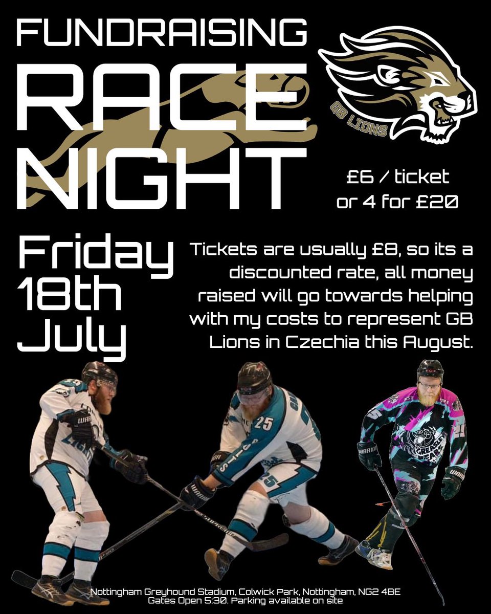 davidcarnell's tweet photo. In an effort to raise some money towards the costs of my GB Lions trip to Czechia in August, I have some tickets for Nottingham Greyhound Stadium on Friday 18th July.  All money raised goes directly to my fund! 

If you want to purchase tickets, please get in touch! https://t.co/ueRqiWT2j4