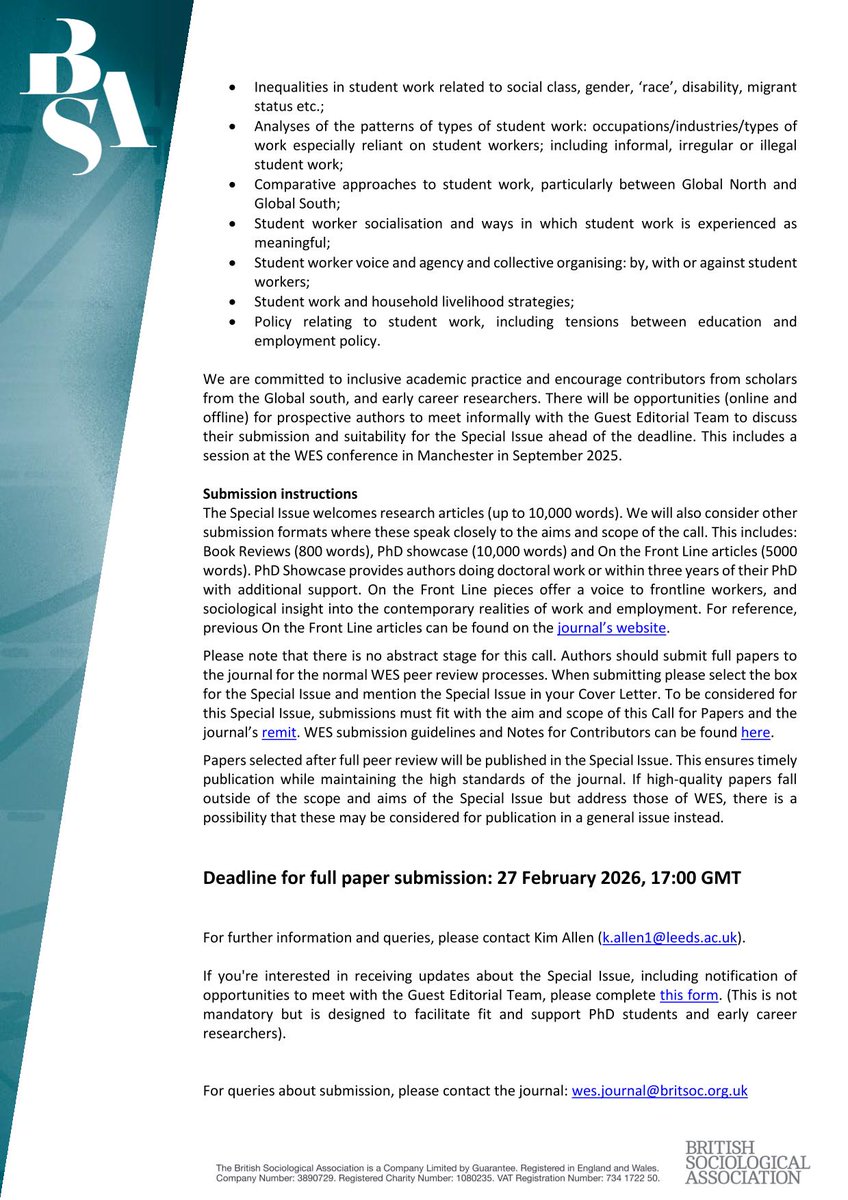 Call for articles on children and youth engaged in paid employment while studying.

For a special issue of  the journal Work, Employment and Society.

Papers are due by 27 February, 2026.
