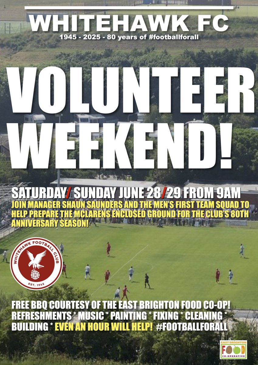 Whitehawk FC (@hawksfcofficial) on Twitter photo π οΈβ½ VOLUNTEER WEEKEND! β½π οΈ
Sat/Sun June 28/29 | From 9am
Join <a href="/shaunsaunders52/">shaunsaunders5</a> & the squad as we get the ground ready for our 80th Anniversary Season!
π¨ Painting
π§ Fixing
π§Ή Cleaning
π₯ FREE BBQ from <a href="/East/">Easton</a> Brighton Food Co-op
πΆ Music, refreshments & more!
π£οΈ βEven an π οΈβ½ VOLUNTEER WEEKEND! β½π οΈ
Sat/Sun June 28/29 | From 9am
Join <a href="/shaunsaunders52/">shaunsaunders5</a> & the squad as we get the ground ready for our 80th Anniversary Season!
π¨ Painting
π§ Fixing
π§Ή Cleaning
π₯ FREE BBQ from <a href="/East/">Easton</a> Brighton Food Co-op
πΆ Music, refreshments & more!
π£οΈ βEven an