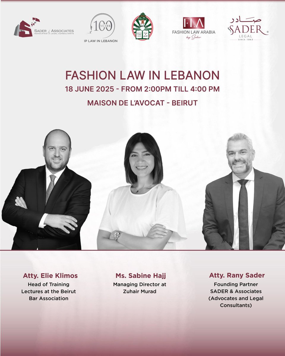 From the runways of #Paris &amp; #London to my hometown #Beirut we’re bringing #FashionLaw to life 🇱🇧 With Sabine Hajj (Zuhair Murad) &amp; Atty. Elie Klimos
🗓️ June 18 | 🕑 2–4 PM
📍 Maison de l’Avocat – Beirut

#SADERLaw #FashionLawArabia #IPinLebanon #SADERLegal #LegalCulture