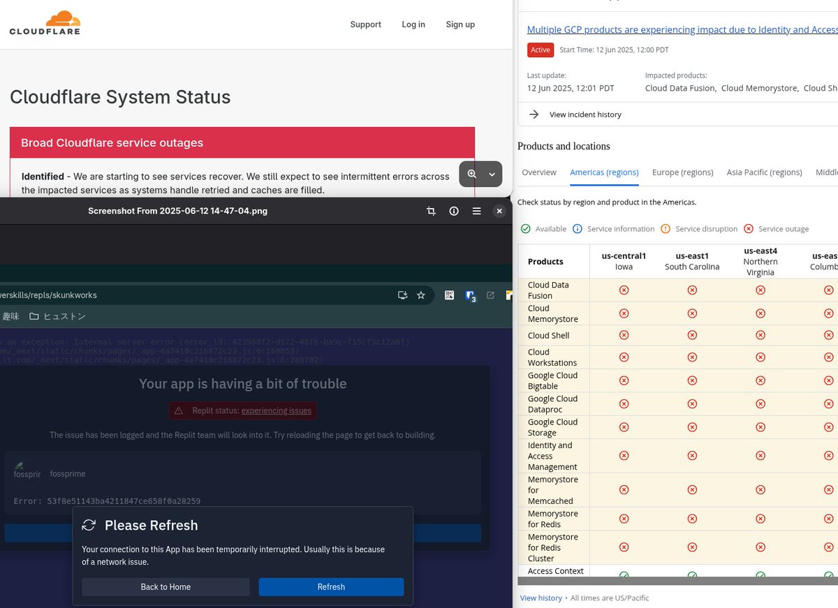 What's the point of using multiple clouds if they all go down at the same time :(

Vultr is the only one I use that didn't go down. <a href="/googlecloud/">Google Cloud</a> @replit <a href="/Cloudflare/">Cloudflare</a> are all having show stopping issues.
vultr.com/?ref=9769692-9J