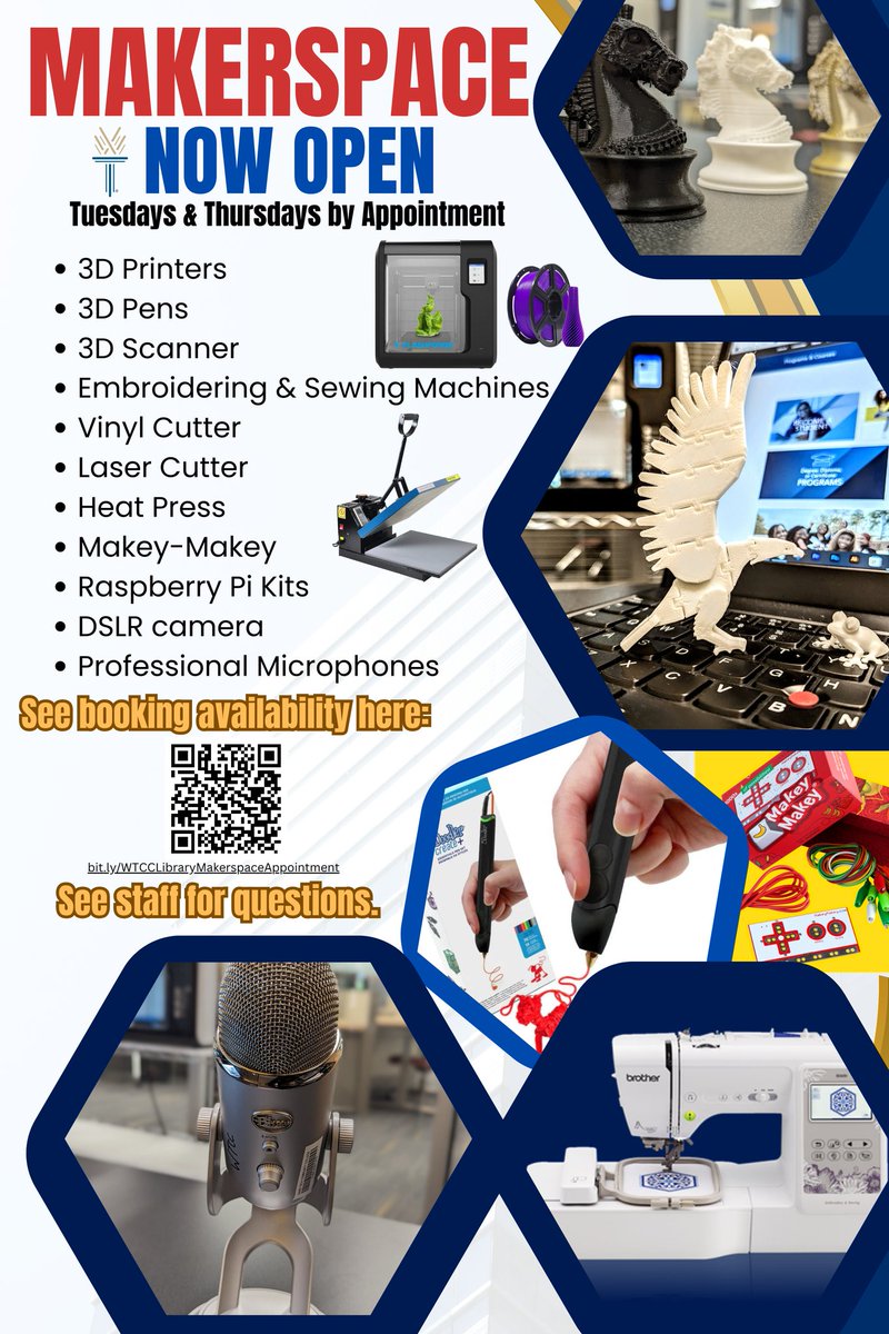 waketechlib's tweet image. Exciting news! Wake Tech’s Makerspace at North is open! Book for Tuesdays or Thursdays: 3D printers, sewing, laser cutting, and more. Reserve now: wtcclibrary.as.me/makerspaceappo… #MakerspaceFun #WakeTechNorth #WakeTech
