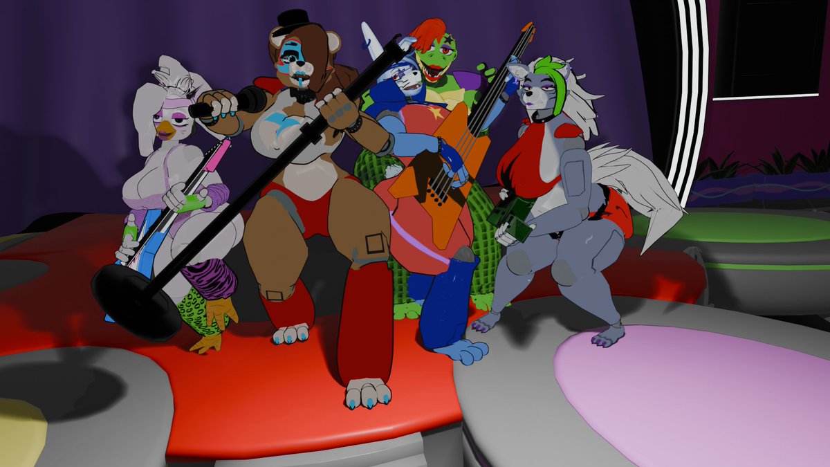 so my models for the band fredda chika glam bon roxy and monty are all ready for actions with base skeletons so ima try to do more content soon posters some small animations while i learn more and the like enjoy fellas