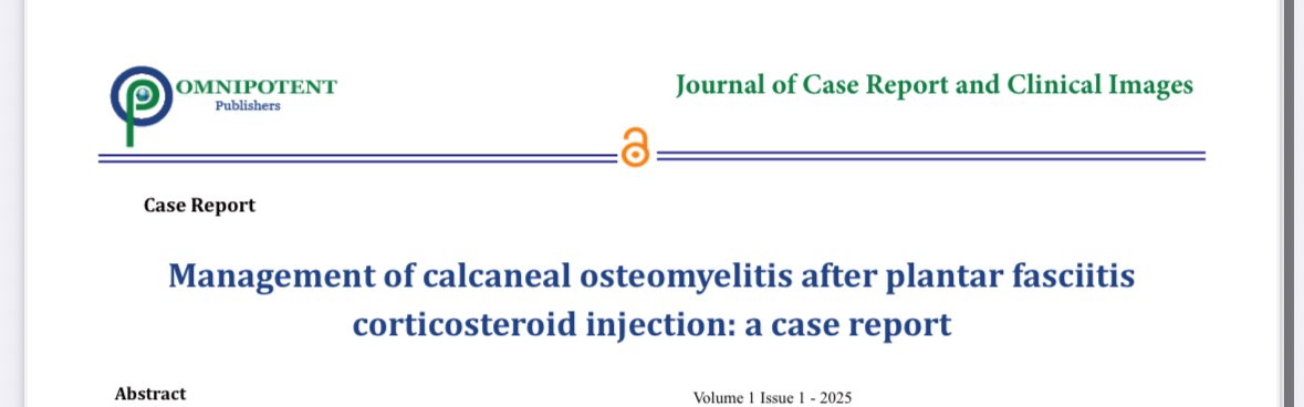 ‼️Plantarfascia injection of corticosteroid leads to calcaneal osteomyelitis: A case report
🤔Highlights the importance of ensuring informed consent is documented and post injection safety netting advice. Full text 🔗 omnipotentpublishers.com/JCRCI/JCRCI-01…