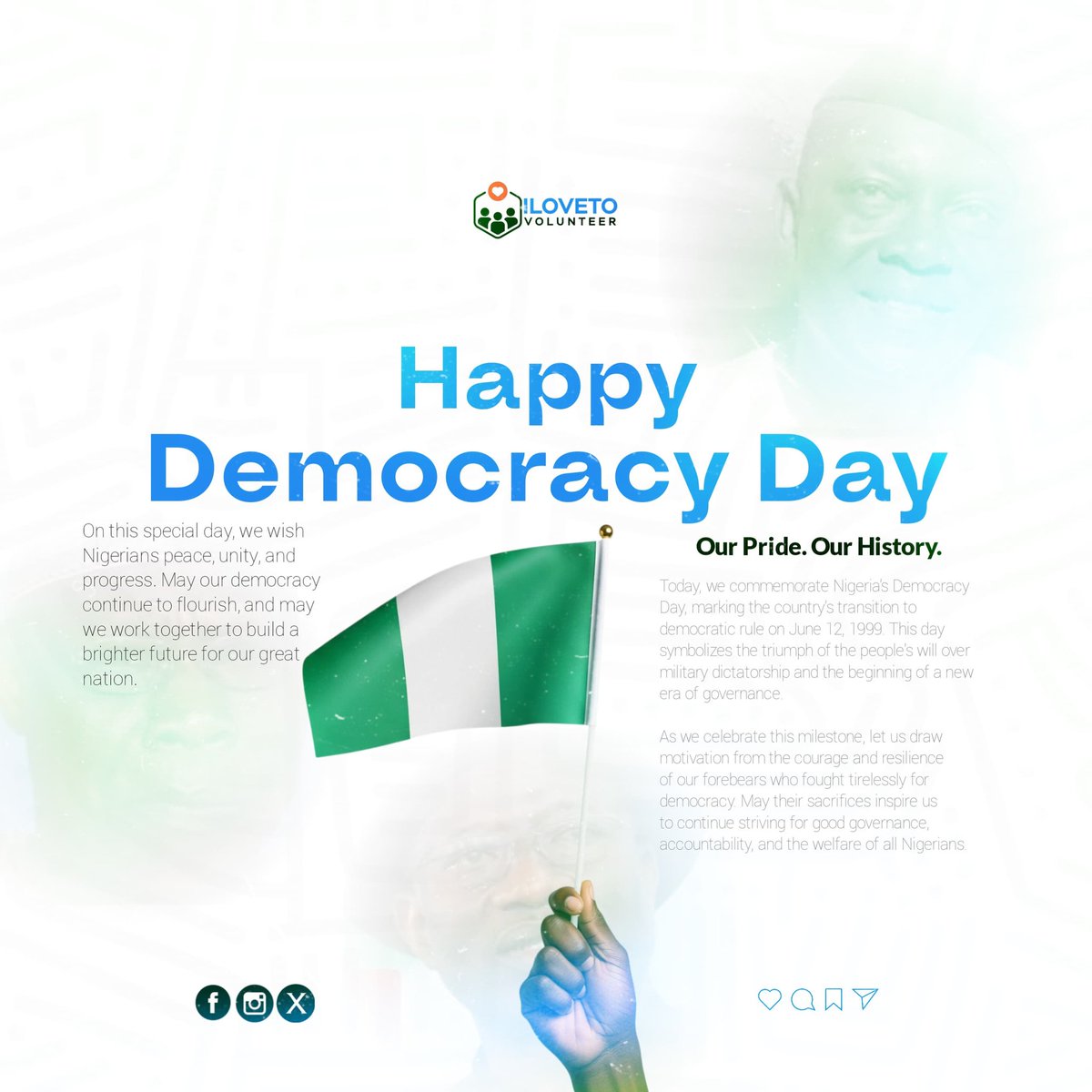 Happy Democracy Day! 🎉

May our democracy continue to flourish, and may we work together to build a brighter future for our great nation.
 #DemocracyDay2025 
#ilovetovolunterr