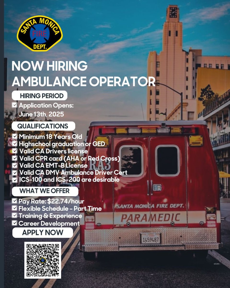 🚨 We're HIRING Ambulance Operators! 🚑
💰 $22.74/hr | Apply June 13
📍 Santa Monica FD
🔹 CA Class C License
🔹 Ambulance Driver Cert
🔹 EMT-1 &amp; CPR (BLS)
🔹 ICS-100/200 (desirable)
Serve your community with pride.
🔗ow.ly/9WnQ50W6BkJ
#SMFD #EMTJobs #NowHiring