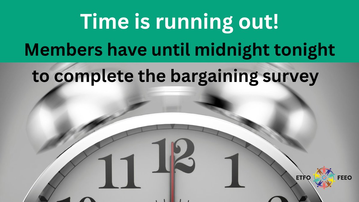 ETFO members, time is running out. Make your voice count! 

TODAY is the final day to complete the bargaining survey. You have until midnight —and once it’s closed, it’s closed.

This is a crucial moment to shape our 2026 bargaining priorities with your feedback. Contact us at