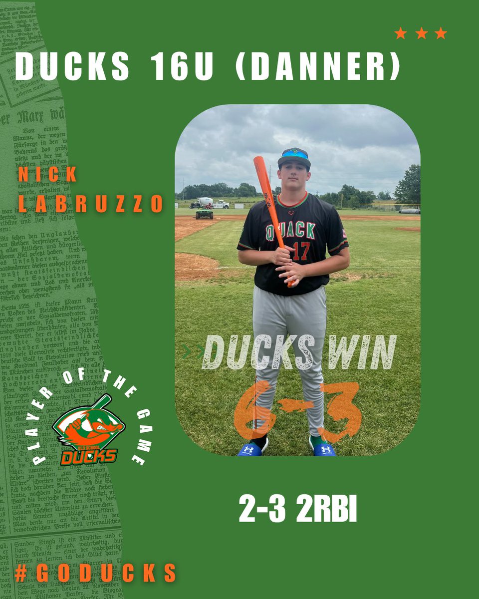 OSDBaseball's tweet photo. Ducks 16u (Danner) continues their hot beginning to this summer and starts off the Chad Wolff Classic (@CWC_Arkansas) with a 6-3 win. Nick LaBruzzo (@nick_labruzzo17, 2027, St. Pius) lead the way with the bats for this lineup.

LaBruzzo goes 2-3 driving in a couple runs to help propel the offense as they look to keep it rolling in Arkansas.

#GoDucks🧡🦆💚