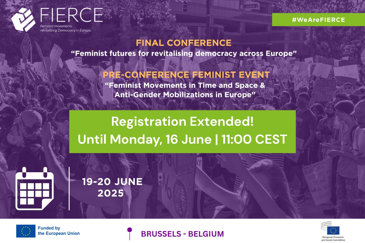 🟢 Registration Deadline Extended!🟢

‼️New Deadline: Until Monday, 16 June | 11:00 CEST‼️

FIERCE Final Conference &amp; Pre-Conference Feminist event! 
🔗 Register here 👉 shorturl.at/ovZ4H

Find out more 👉fierce-project.eu/final-conferen…