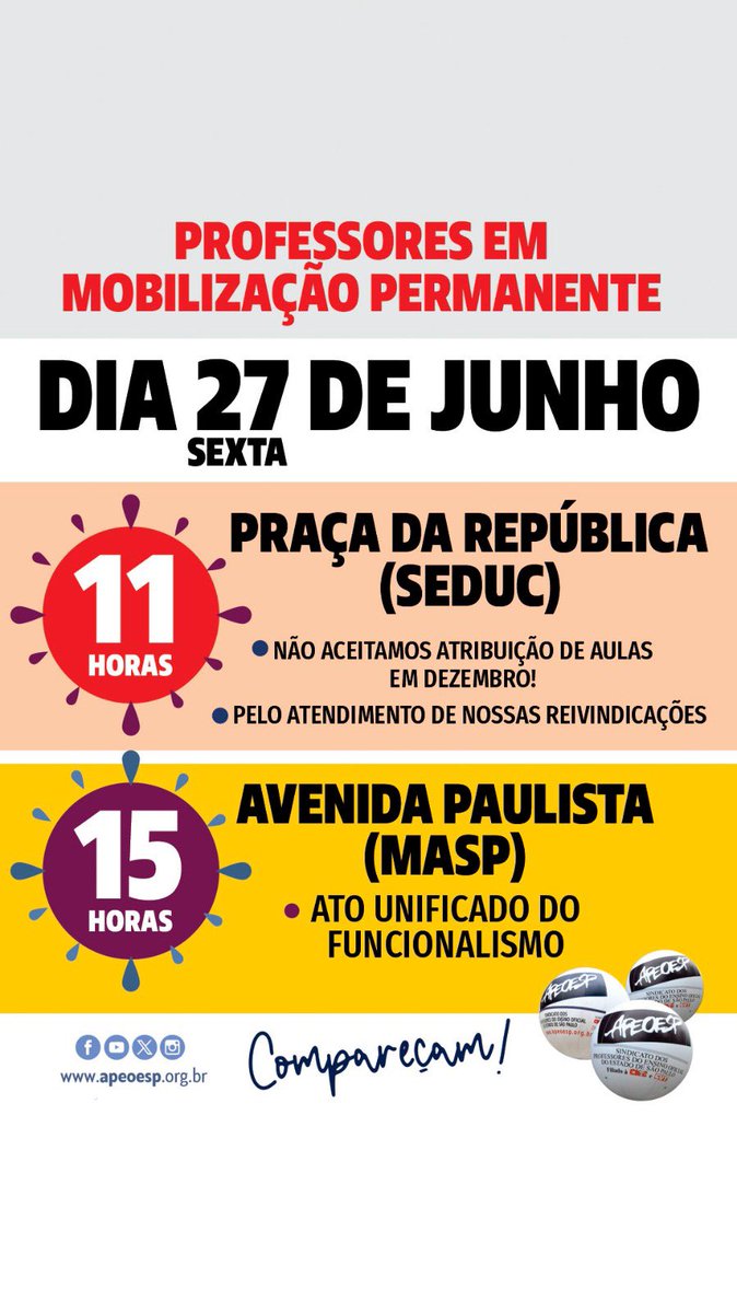 APEOESP's tweet photo. 📢 Mobilização dos professores!

🗓️ Dia 27/06 (sexta)
📍 11h - Praça da República
📍 15h - MASP, Av. Paulista
✊🏽 Em defesa da educação e dos nossos direitos! https://t.co/jb9OF1Y4Ns