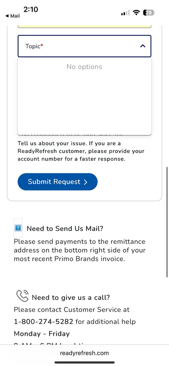 rossomeness's tweet photo. @ReadyRefresh Your company raises my bill without telling me, then when I try to contact you, you require a field with no available options. Convenient. 🙄 

At this point why are we staying with you? So many issues since ya’ll combined forces. One thing after another. Sad. 😔 https://t.co/Gc3mfNSGOx