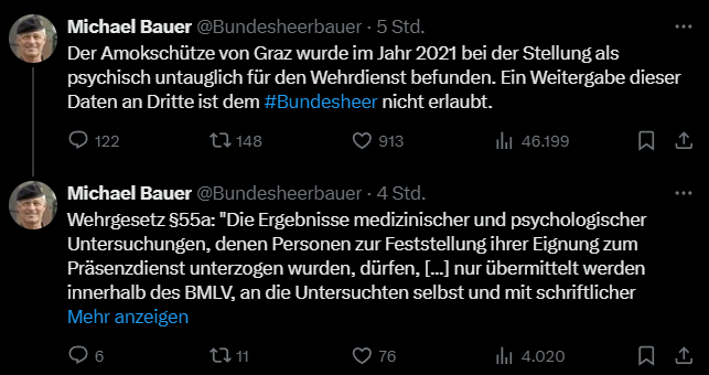 ProPolizeiÖsterreich🇦🇹 (@propolizeioe) on Twitter photo <a href="/Bundesheerbauer/">Michael Bauer</a> Danke für Info. Das Wehrgesetz §55a schützt die Privatsphäre von Wehrpflichtigen, ja, zeigt jedoch, dass die Kriterien für Wehrdienst und Waffenschein auseinanderklaffen. Diese könnten harmonisiert werden, und Bundesheer sowie Waffenbehörden (Magistrat/BH) könnten <a href="/Bundesheerbauer/">Michael Bauer</a> Danke für Info. Das Wehrgesetz §55a schützt die Privatsphäre von Wehrpflichtigen, ja, zeigt jedoch, dass die Kriterien für Wehrdienst und Waffenschein auseinanderklaffen. Diese könnten harmonisiert werden, und Bundesheer sowie Waffenbehörden (Magistrat/BH) könnten