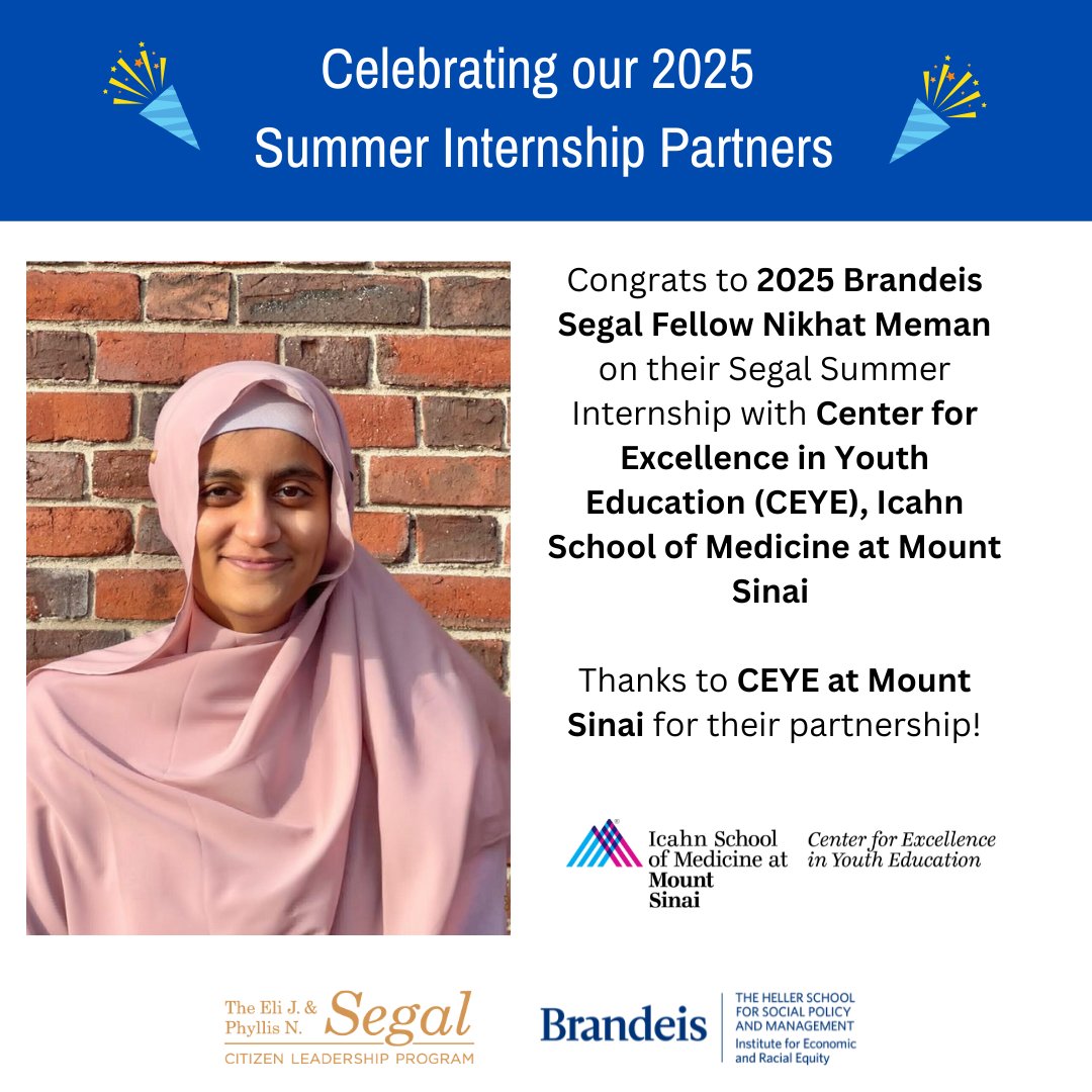 Segal Citizen Leadership Program (@segalprogram) on Twitter photo Congrats to Nikhat Meman on her Segal Summer Internship with the Center for Excellence in Youth Education (CEYE) <a href="/IcahnMountSinai/">Icahn School of Medicine at Mount Sinai</a> ! She’ll shadow in cardiology & emergency med while supporting youth programs & alumni engagement.
Thanks to CEYE for the partnership! 👏🩺 Congrats to Nikhat Meman on her Segal Summer Internship with the Center for Excellence in Youth Education (CEYE) <a href="/IcahnMountSinai/">Icahn School of Medicine at Mount Sinai</a> ! She’ll shadow in cardiology & emergency med while supporting youth programs & alumni engagement.
Thanks to CEYE for the partnership! 👏🩺