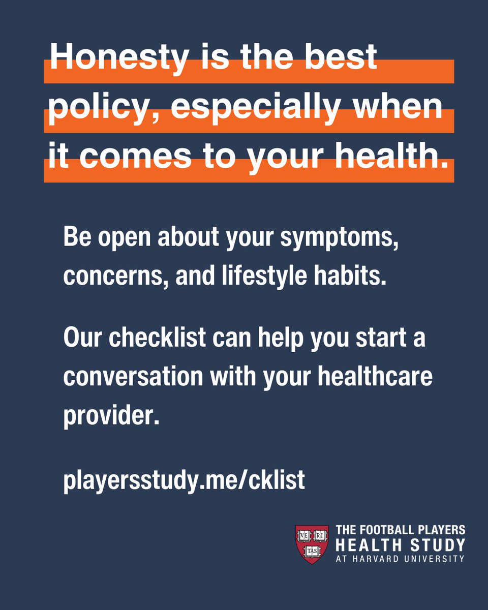 Honesty is the best policy, especially when it comes to your health. Be open about your symptoms, concerns, and lifestyle habits. Our checklist can help you start a conversation with your healthcare provider. 

playersstudy.me/cklist

#MensHealthMonth #NFL⁠ #NFLAlumni #NFLPA