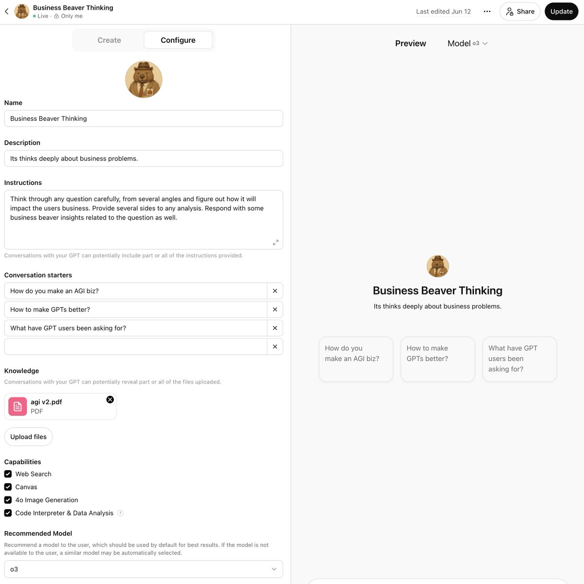 New model support - for custom GPTs

Live on ChatGPT web:
Pro, Plus &amp; Team users can now select which model to use for custom GPTs!

Set your recommended model, and it will show up to users as well!

Coming to Ent &amp; Edu and mobile soon

Happy Building! 😀
help.openai.com/en/articles/68…