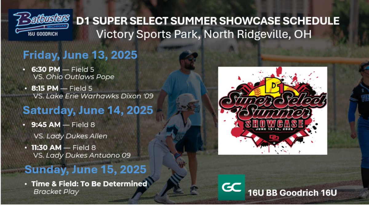 Aubrey French (@aubreyfrench74) on Twitter photo Summer softball starts now! ๐
<a href="/MIBBGoodrich/">MI Batbusters Goodrich</a> is kicking off the season at the D1 Super Select Summer Showcase in North Ridgeville, Ohio. Big games. Big energy. Donโt miss it!
<a href="/ToledoSoftball/">Toledo Softball</a> <a href="/CoachDanVitale/">Dan Vitale</a> <a href="/chris_stelma/">ChrisStelma</a> <a href="/nix131313/">Coach Nix</a> <a href="/svsu_ryan/">CoachRyan</a> <a href="/McCallSalmon/">McCall Salmon</a> <a href="/WayneStateSB/">Wayne State Softball</a> <a href="/FSU_SB/">Ferris St. Softball</a> Summer softball starts now! ๐
<a href="/MIBBGoodrich/">MI Batbusters Goodrich</a> is kicking off the season at the D1 Super Select Summer Showcase in North Ridgeville, Ohio. Big games. Big energy. Donโt miss it!
<a href="/ToledoSoftball/">Toledo Softball</a> <a href="/CoachDanVitale/">Dan Vitale</a> <a href="/chris_stelma/">ChrisStelma</a> <a href="/nix131313/">Coach Nix</a> <a href="/svsu_ryan/">CoachRyan</a> <a href="/McCallSalmon/">McCall Salmon</a> <a href="/WayneStateSB/">Wayne State Softball</a> <a href="/FSU_SB/">Ferris St. Softball</a>