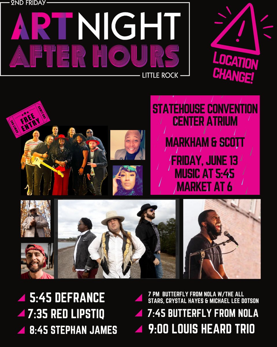 Location change! Art Night After Hours is moving to the Statehouse Convention Center Atrium at Markham and Scott. The music and local art market are still on--just indoors due to the threat of rain.

<a href="/littlerocktown/">City Of Little Rock</a>
LittleRockCVB

#PoweredbyArkansasArtsCouncil #2FAN #DowntownLR