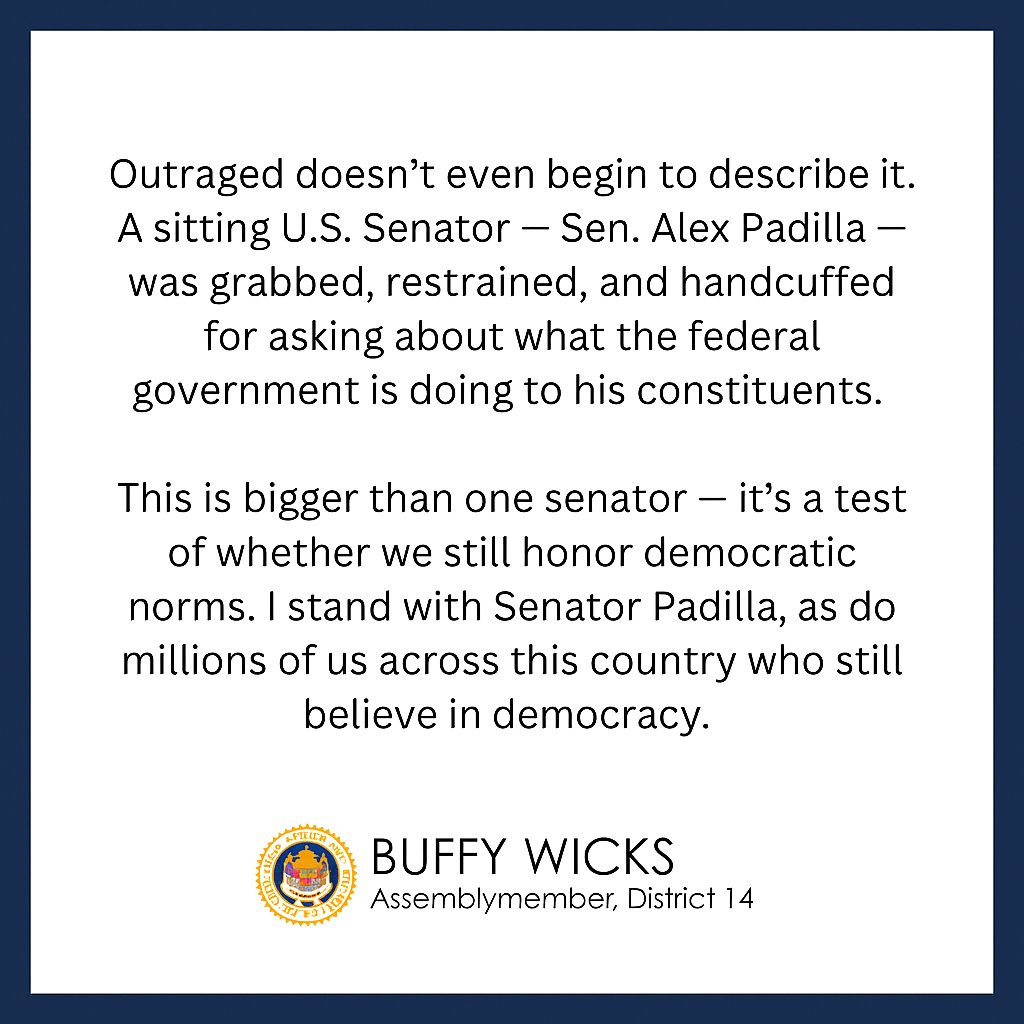 BuffyWicks's tweet image. My statement on the outrageous action taken against @SenAlexPadilla 👇